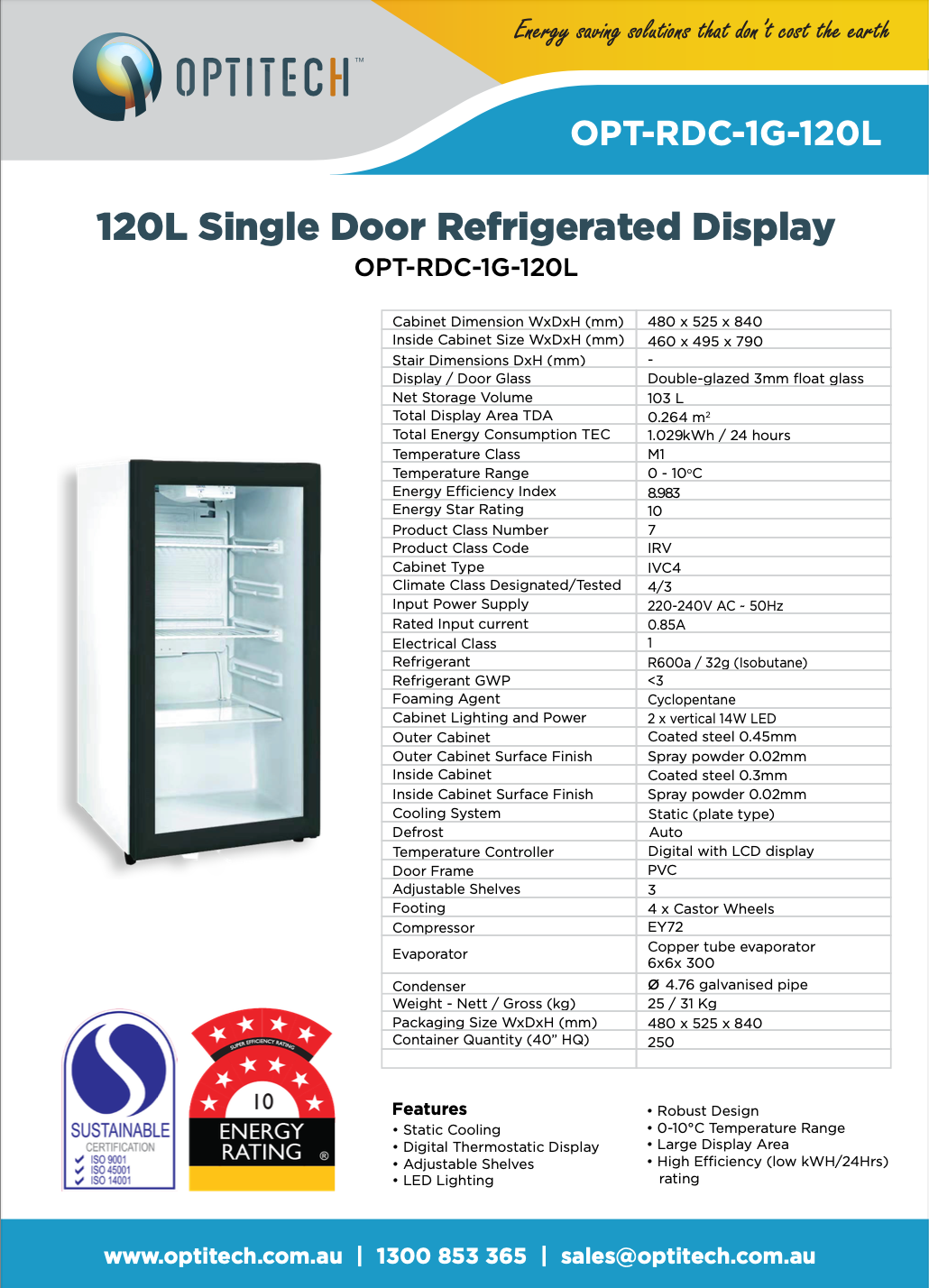 Optitech - Commercial & Office Display Bar Fridge Glass Door (120 L) / Bottle Cooler