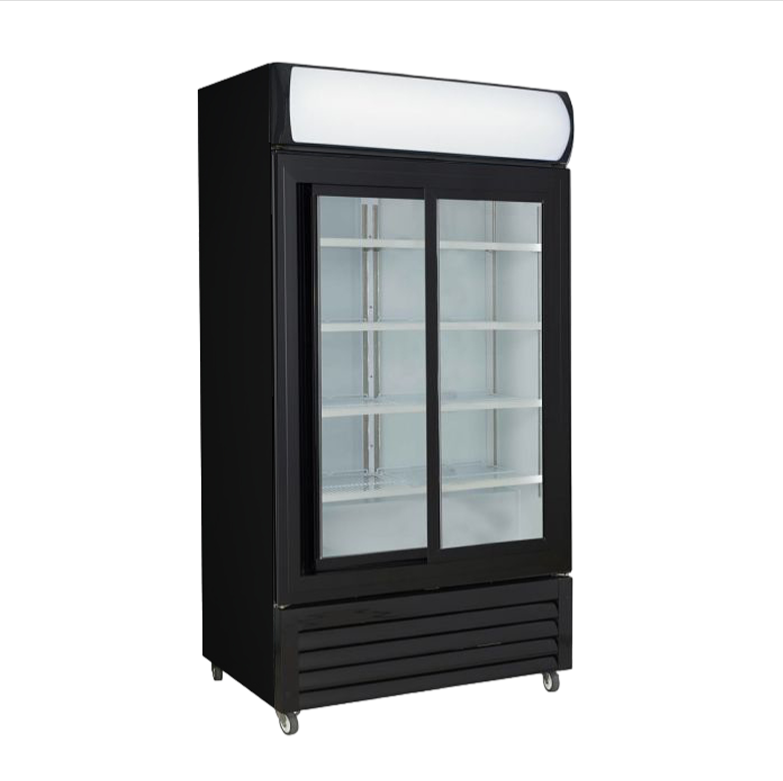 Thermaster: Two Sliding Glass Door Colourbond Upright Fridge Black/ Temp. Range: 2°C to 8°C
