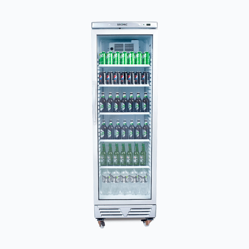 Upright Display Fridge – 372L – 1 Door – Flat Glass – White with Silver Trim