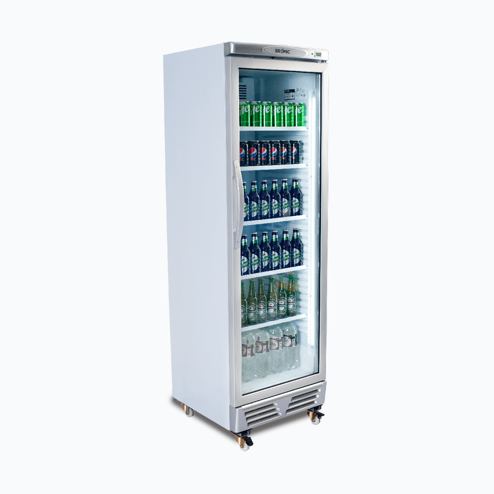 Upright Display Fridge – 372L – 1 Door – Flat Glass – White with Silver Trim