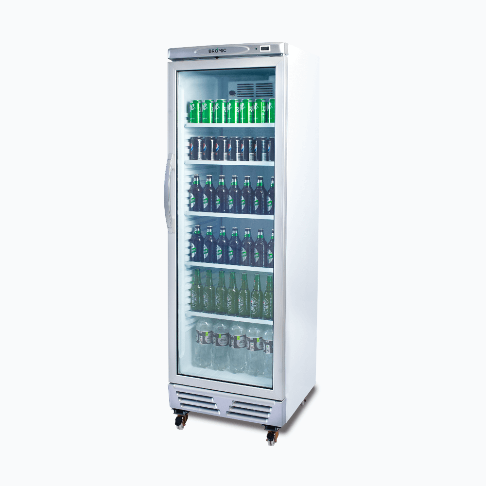 Upright Display Fridge – 372L – 1 Door – Flat Glass – White with Silver Trim