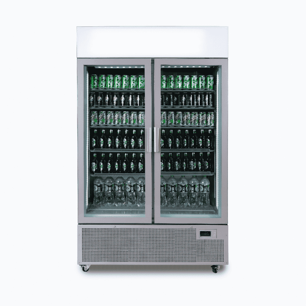 Upright Display Fridge – 1082L – 2 Door – Flat Glass – Lightbox – Silver