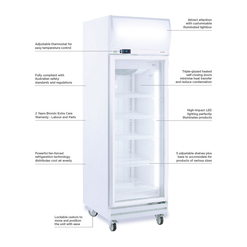Bromic Upright Display Freezer – 444L – 1 Door – Flat Glass – Lightbox-Temp. Range: +2°C to +8°C