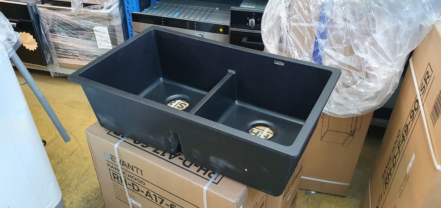 Cefito Stone Kitchen Sink 790X460MM Granite Under/Topmount Basin Double Bowl Black