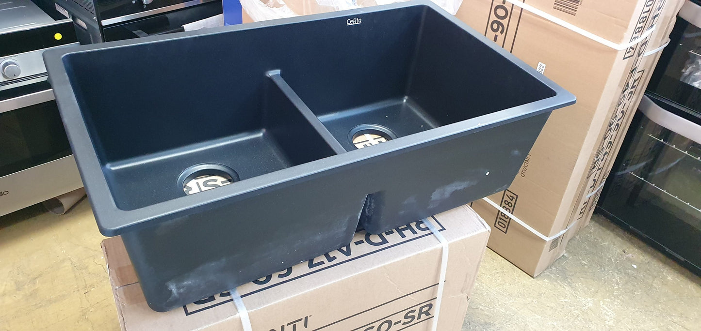 Cefito Stone Kitchen Sink 790X460MM Granite Under/Topmount Basin Double Bowl Black