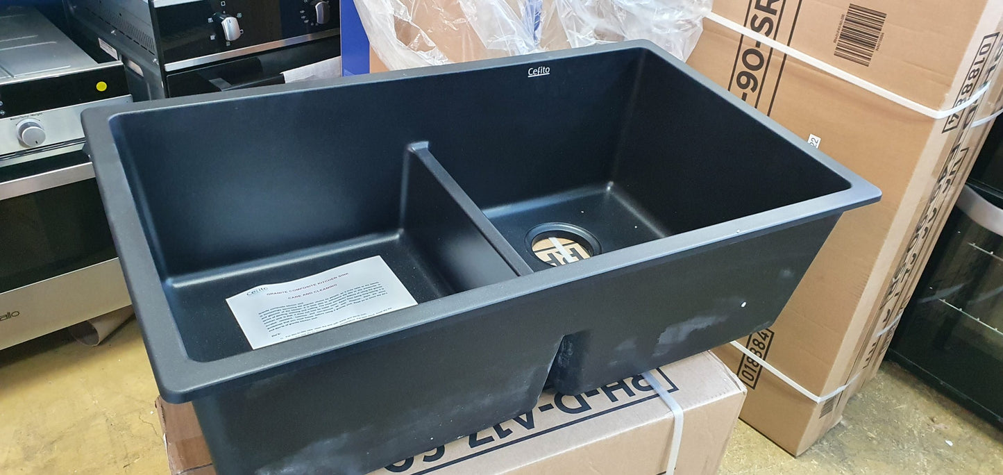 Cefito Stone Kitchen Sink 790X460MM Granite Under/Topmount Basin Double Bowl Black