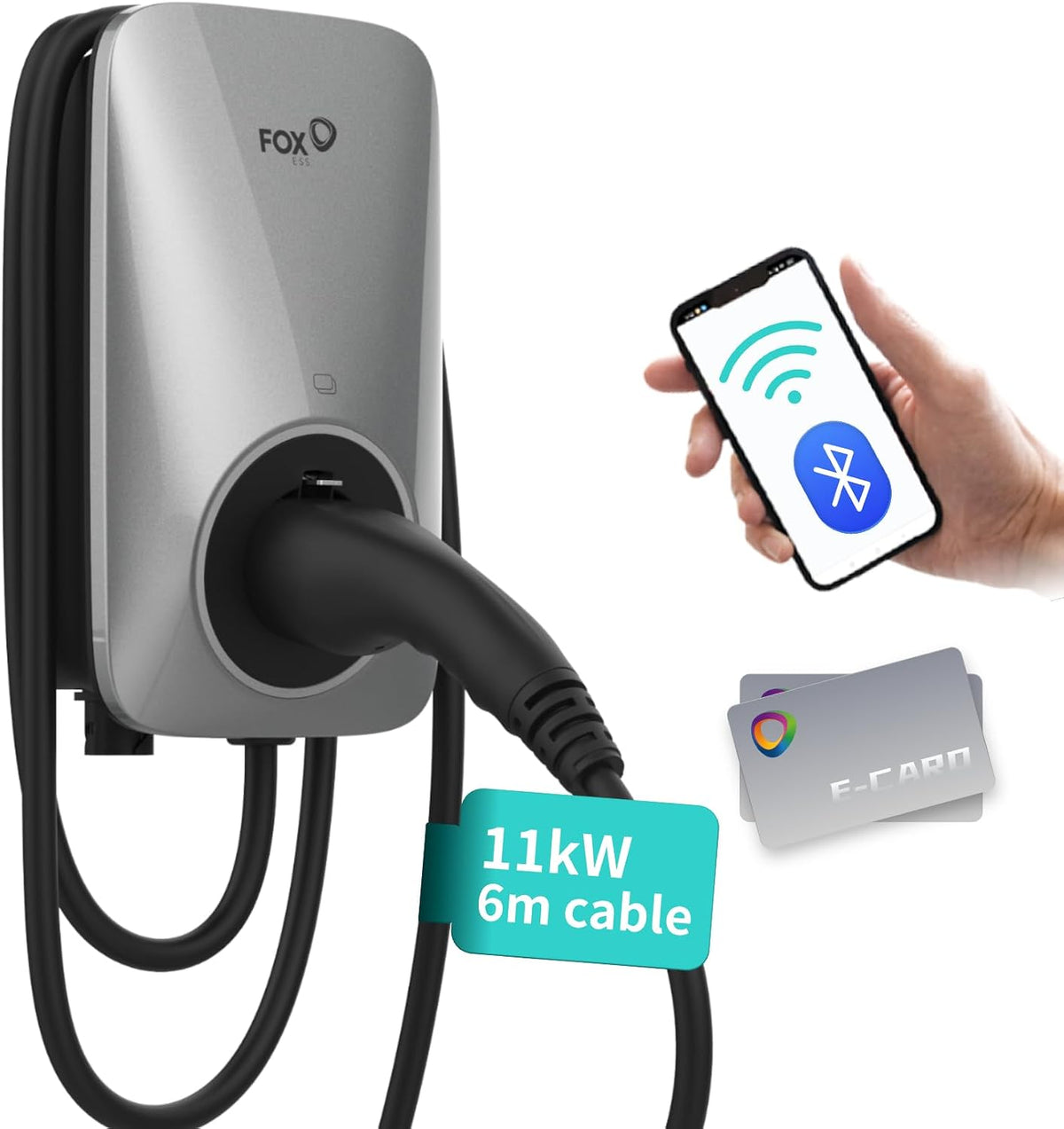 FOXESS EV Charger L Series Black 11kW Plug 5m Cables 3Phase w/Bluetooth+Wifi