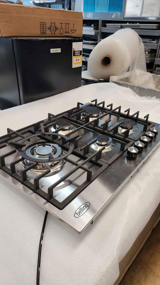 Belling 75cm Stainless Steel Gas Cooktop 5 Burner Premium Cast Iron Trivets