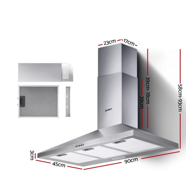 Devanti Range Hood 90cm 900mm Kitchen Canopy Stainless Steel Rangehood Wall Mount silver
