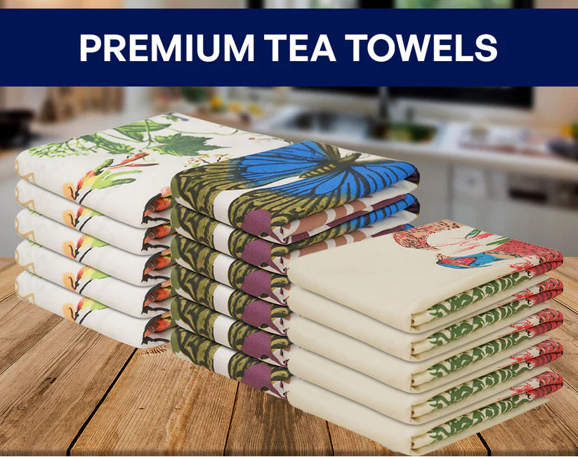Printed Kitchen Tea Towels Set – Peacock, Fruits, and Butterfly Designs, 100% Cotton, Stylish, Chemical Free, & Machine Washable