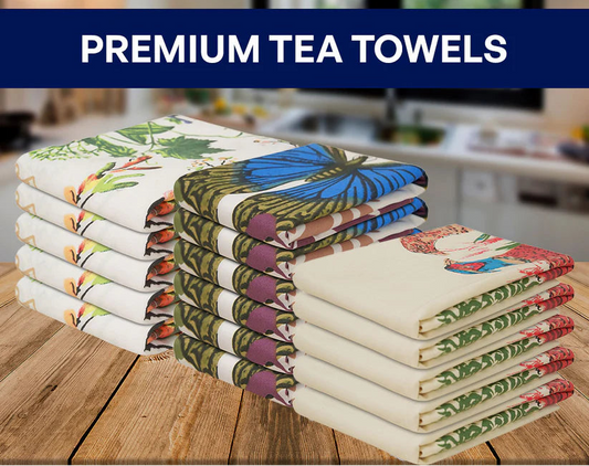 Printed Kitchen Tea Towels Set – Peacock, Fruits, and Butterfly Designs, 100% Cotton, Stylish, Chemical Free, & Machine Washable