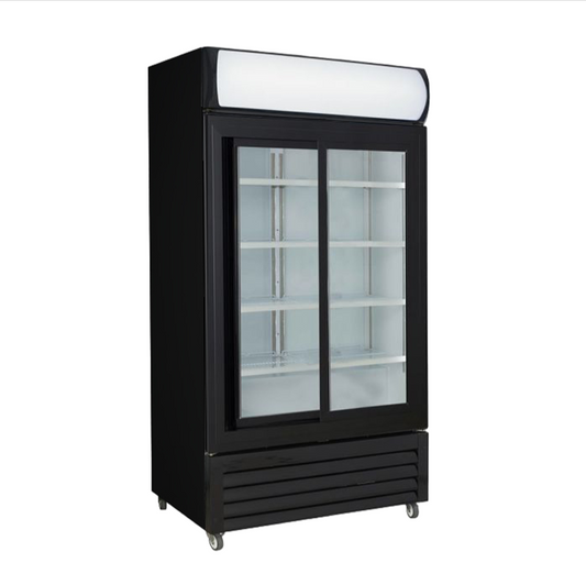 Thermaster: Two Sliding Glass Door Colourbond Upright Fridge Black