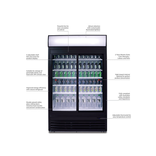 Bromic 945L Upright Display Fridge – Double Sliding Glass Doors, LED Lightbox & Energy Efficient Cooling